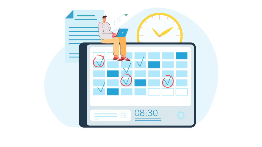 A calendar and employee with a laptop to denote how a time sheet software offers more benefits than simply a paper-based time tracking method.