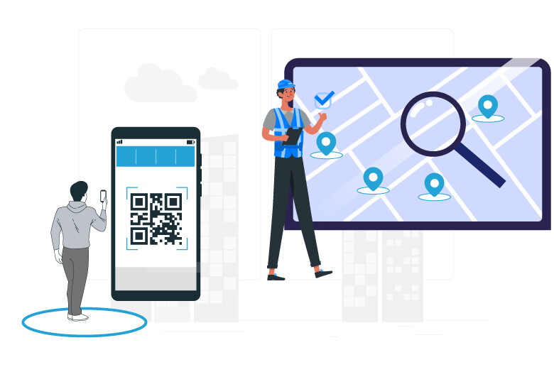 Mobile and desktop version of a mobile workforce management app with two employees using a QR code based time tracking app and a map view with magnifying glass to depict geofencing
