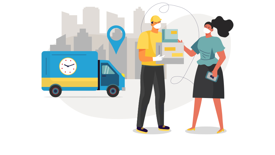 Illustration of proof of delivery related elements, such as a delivery business worker handing over a parcel to a customer with grey buildings, a blue location pin and a blue truck in the background.