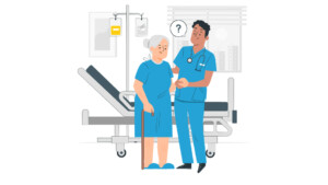Home healthcare worker from an organisation using EVV software, providing care to an old patient in blue uniform and preventing healthcare fraud