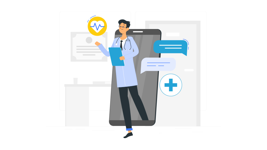Illustration of a healthcare worker against the backdrop of a mobile forms app