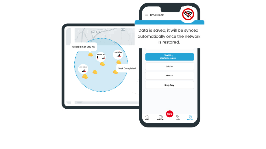 Mobile and tablet app versions of offline data collection form in a field data collection system. A notification informs users that offline data collection is done, and will be synced when internet is accessed. 