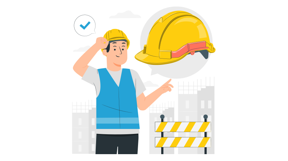 A construction worker's illustration against the backdrop of a construction site. On the right is an illustration of a safety helmet, an element to depict the benefits of safety solutions.
