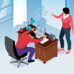 Illustration of an employee sitting heads down on a desk with a laptop and his manager entering from the door, to depict employee time theft.
