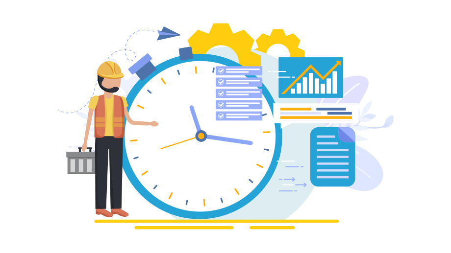 Illustration of the multiple features a construction app entails. A construction employee standing along a time clock and related elements of a construction employee scheduling software such as graphs, reports etc.