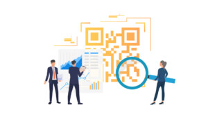 QR code tracking app related elements, including 3 employee illustrations, a set of graphs, a magnifying glass, all placed around a big orange QR code