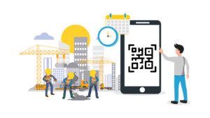 Illustration of a construction site with 3 workers juxtaposed with the mobile version of a QR codes construction management software and related elements such as a calendar and time clock.