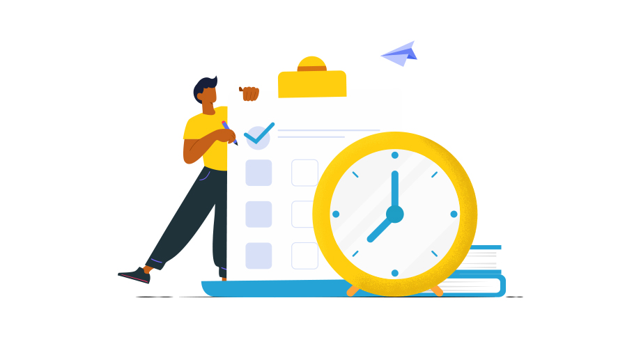 Illustration of field worker, standing beside a clipboard checklist and an employee time tracking app related elements such as a clock and books. 
