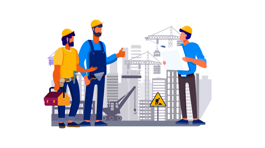 Illustration of 3 construction workers against the backdrop of a construction site, to depict business continuity plan discussion. 