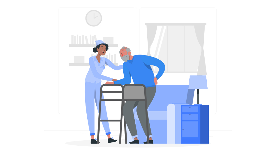 Illustration of an elder patient receiving at home health care service from a female nurse against the backdrop of a living room with sofa, window and a side table.