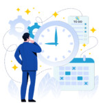 Illustration of an employee facing backwards, looking at a clock with other elements related to attendance management such as a to-do list and a calendar