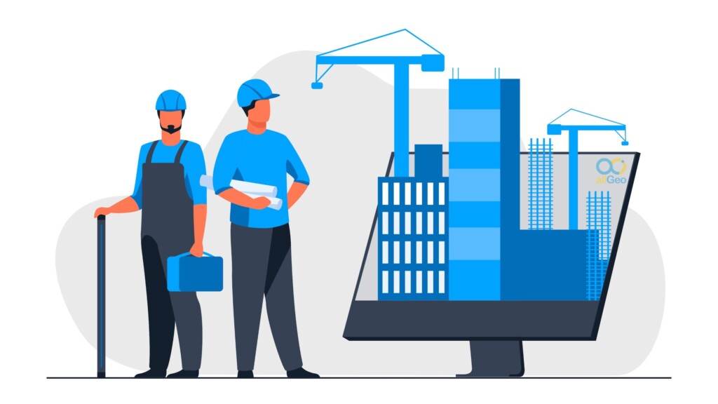Illustration of two construction crew workers beside blue buildings and construction equipment