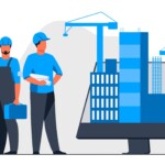 Illustration of two construction crew workers beside blue buildings and construction equipment