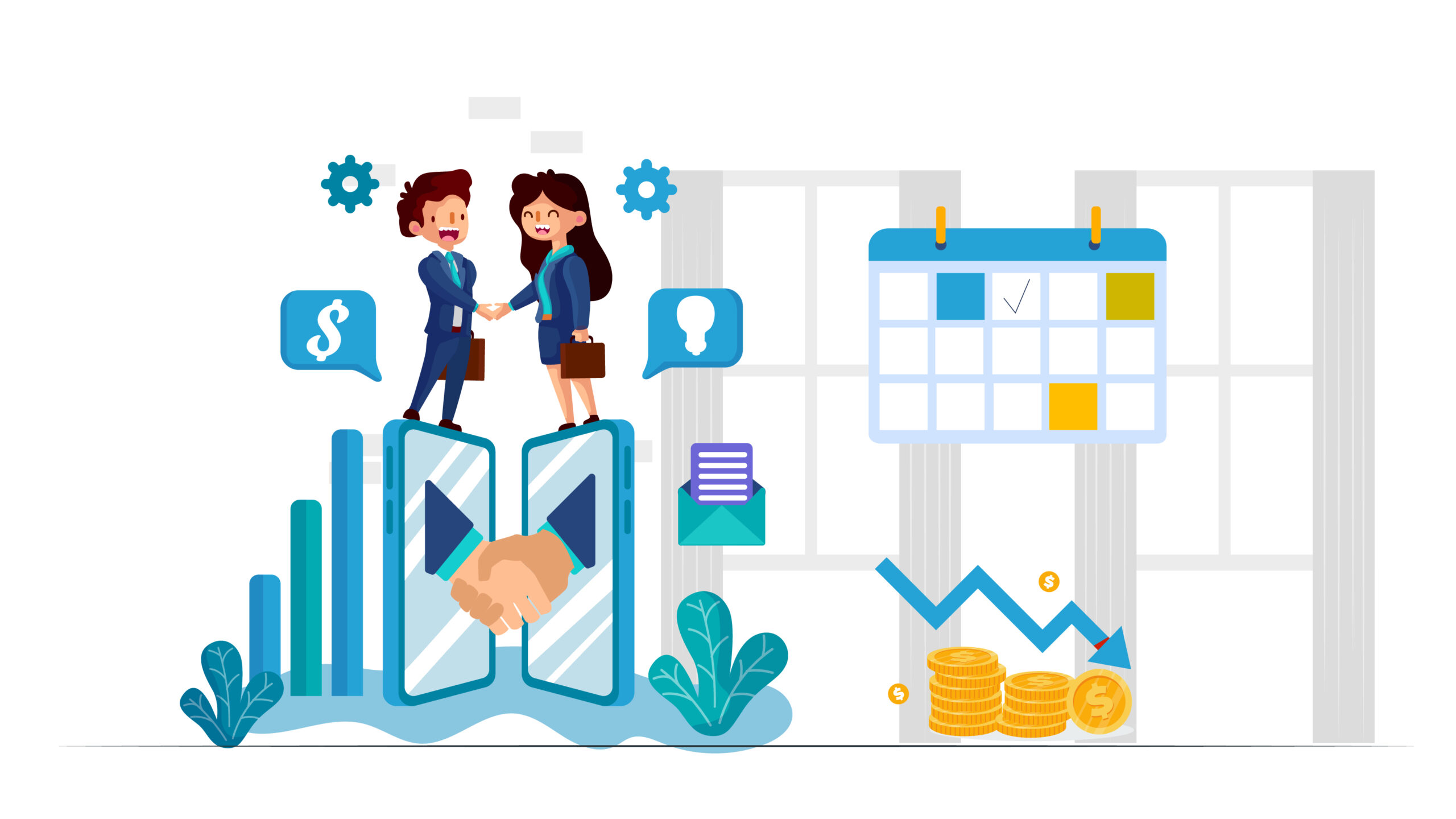 Triple peak day work day trend elements, showing a calendar, employee illustrations, and related work elements