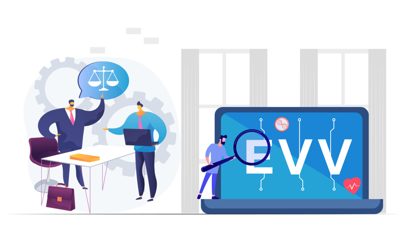 Illustration of a legal elements depicting 2024 employment law changes and desktop view of an EVV software to depict how a field service automation software can help in seamless compliance