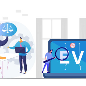 Illustration of a legal elements depicting 2024 employment law changes and desktop view of an EVV software to depict how a field service automation software can help in seamless compliance