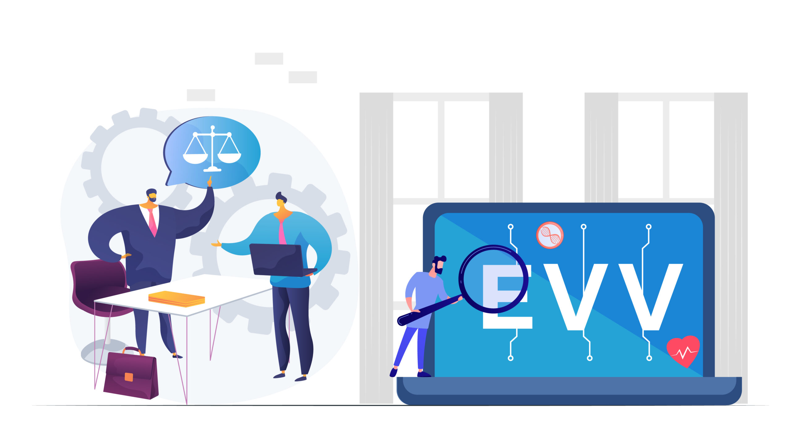 Illustration of a legal elements depicting 2024 employment law changes and desktop view of an EVV software to depict how a field service automation software can help in seamless compliance 