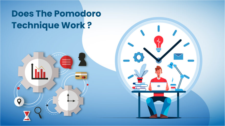 Illustration of an employee and clock with elements of time management using the pomodoro technique, such as graph, timer etc.