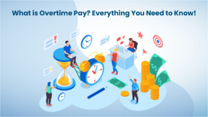 Illustration of five employees and overtime pay related elements such as a clock, sand timer, wall clock, dollars etc.