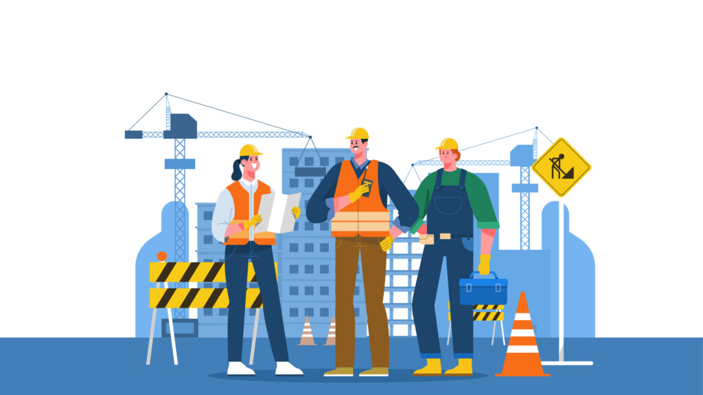 Illustration of three construction workers engaging in toolbox talks, with construction related elements against the backdrop of a construction site.
