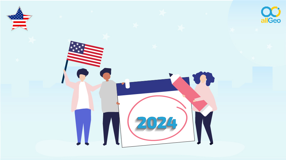 Illustration of three field employees to depict the federal holidays list, with the left one holding the US flag, the middle one with a calendar page that reads 2024 and the right one holding a pencil. 