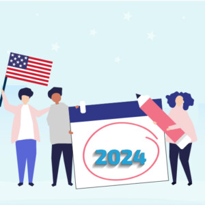 Illustration of three field employees to depict the federal holidays list, with the left one holding the US flag, the middle one with a calendar page that reads 2024 and the right one holding a pencil.