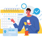 Illustration of an employee in front of a spiral calendar. In front of him is a cup and holiday scheduling related elements such as a notification pop up with a location pin, and a time clock above the calendar