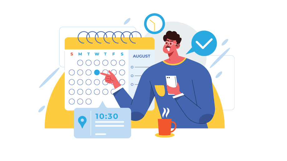Illustration of an employee in front of a spiral calendar. In front of him is a cup and holiday scheduling related elements such as a notification pop up with a location pin, and a time clock above the calendar