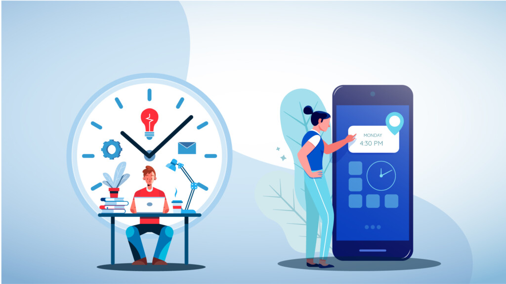 Illustration of an employee on a work desk with a huge clock behind him. On the right, is an employee standing beside the mobile version of a time tracking software.