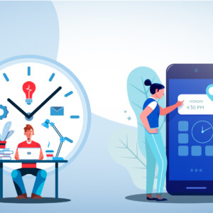 Illustration of an employee on a work desk with a huge clock behind him. On the right, is an employee standing beside the mobile version of a time tracking software.