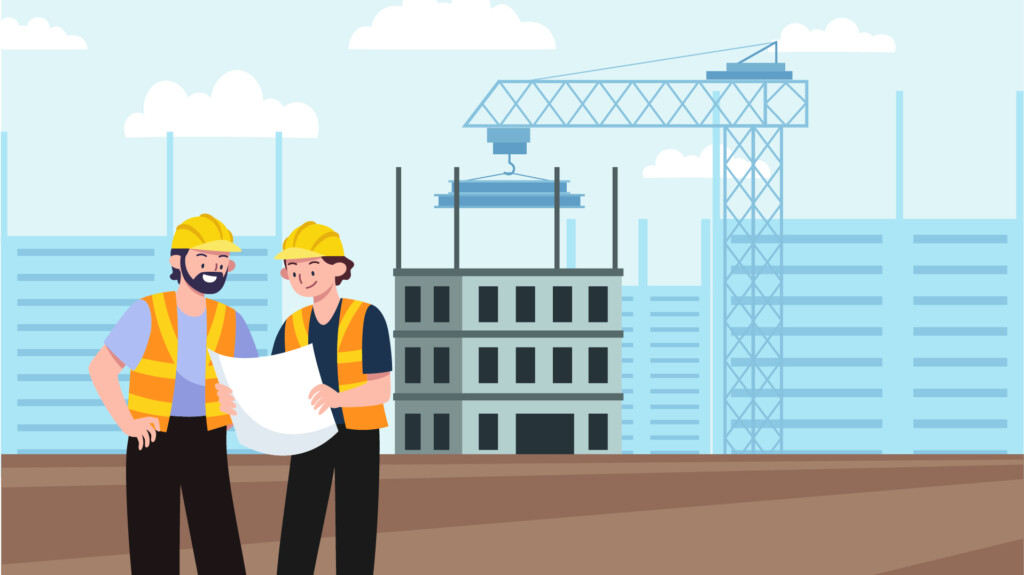 Illustration of a construction site with two construction workers on the left with safety management helmets and jackets.