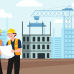 Illustration of a construction site with two construction workers on the left with safety management helmets and jackets.