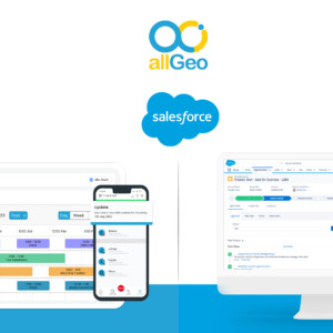 Logos of allGeo and Salesforce along with tablet and mobile version view of the respective dashboards.