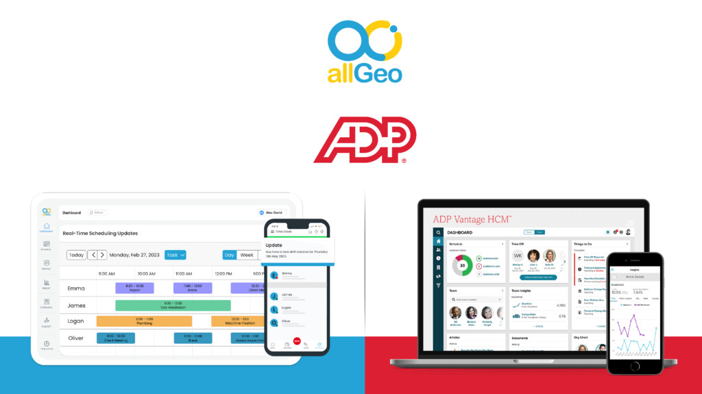 Logos of allGeo and ADP Workforce Now along with tablet and mobile version view of the respective dashboards. 
