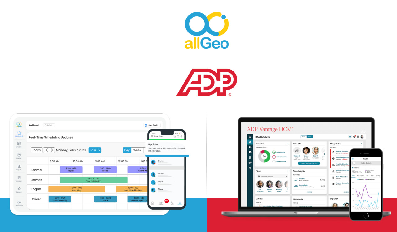 Logos of allGeo and ADP Workforce Now along with tablet and mobile version view of the respective dashboards.