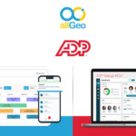 Logos of allGeo and ADP Workforce Now along with tablet and mobile version view of the respective dashboards.