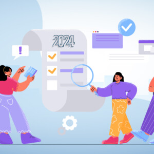 Illustration of three employees with elements of a worker safety app, depicting 2024 legal changes to avoid any OSHA violation.