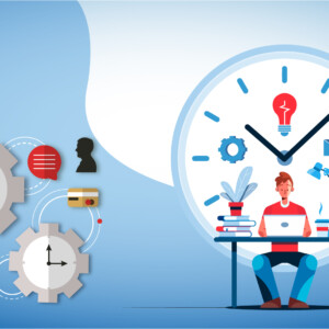 Illustration of an employee sitting against a clock on the right, and elements of time management using the pomodoro technique, such as graph, timer etc. on the left.