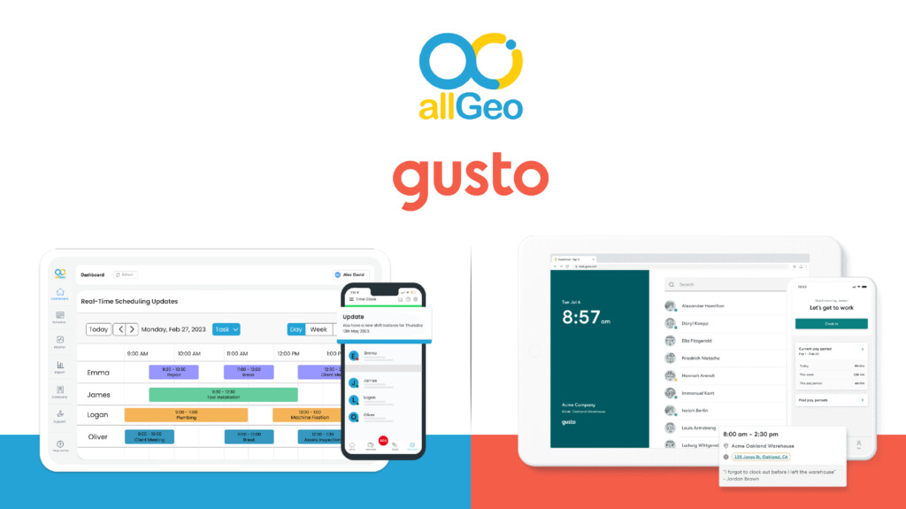 Logos of allGeo and Gusto along with tablet and mobile version view of the respective dashboards. 