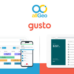 Logos of allGeo and Gusto along with tablet and mobile version view of the respective dashboards.
