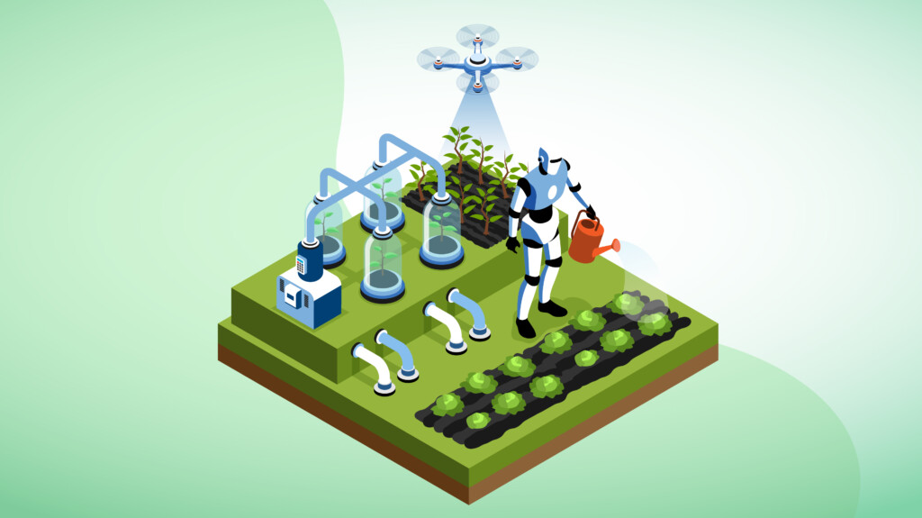 Illustration of a robot on a patch with automated systems and a drone to depict the impact of artificial intelligence on field services industry. 