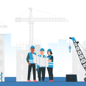 Illustration of three construction workers against a grey background of a construction site with a machine on the right to depict labor employment law changes.