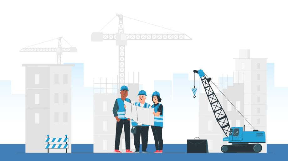 Illustration of three construction workers against a grey background of a construction site with a machine on the right to depict labor employment law changes.