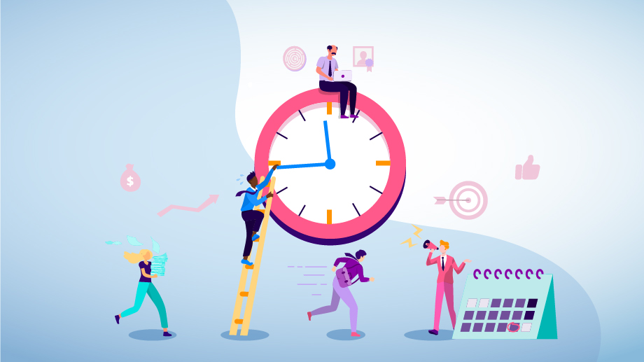 Illustration of a time clock with employees and a calendar to handle no call no show cases