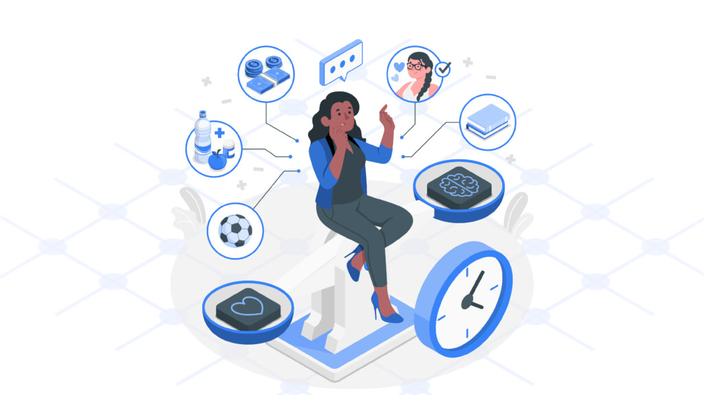 Illustration of an employee with time tracking related elements to depict time theft 