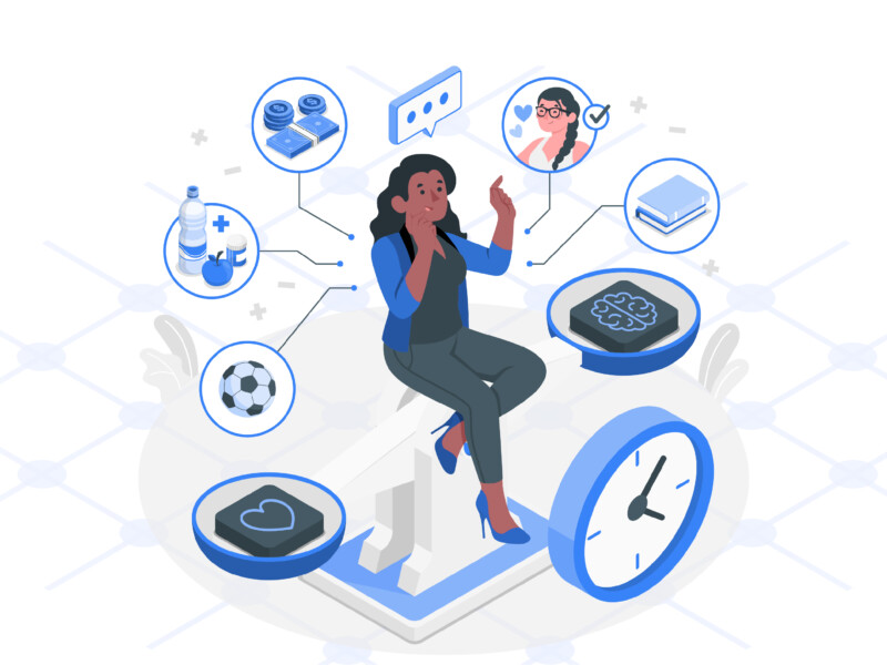 Illustration of an employee with time tracking related elements to depict time theft