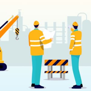 Illustration of a construction site with two workers.