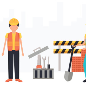 Construction site safety equipment and workers illustration.