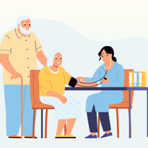 Illustration of a home healthcare staff providing service to two elderly people.